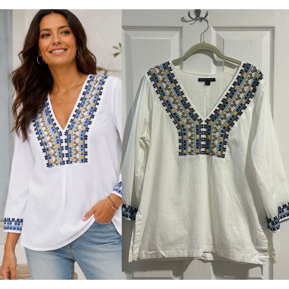 Boston Proper White Embroidered Tunic Size L - Festival Boho Peasant